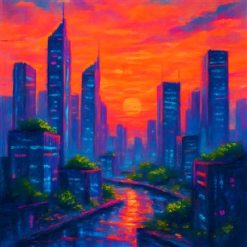 Futuristisk by ved solnedgangs magi - Oplev den betagende skønhed af en futuristisk by, hvor solens varme stråler møder de glitrende skyskrabere og en majestætisk flod. Denne levende plakat tilføjer en dramatisk atmosfære til ethvert rum med sin farverige palet og dynamiske komposition.