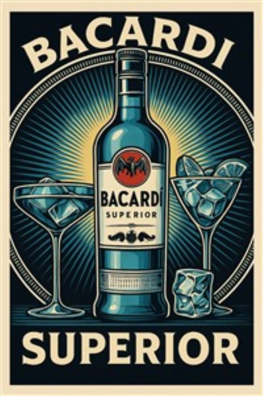 Bacardi Superior: Vintage Cocktail Vibes - Oplev den tidløse elegance af Bacardi Superior med denne vintage reklameplakat. Inspireret af klassiske cocktails, tilføjer plakaten en festlig atmosfære til ethvert rum.