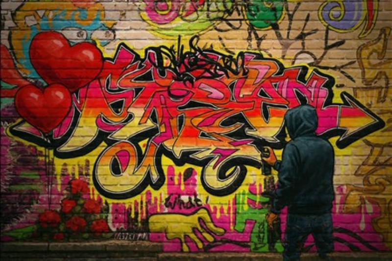 Farverig Graffiti med Kærlighedsbudskaber - Oplev energien i denne sprudlende graffiti, hvor farverne danser på væggen og hjerterne spreder kærlighed. Et perfekt kunstværk til at tilføje liv og karakter til dit hjem.