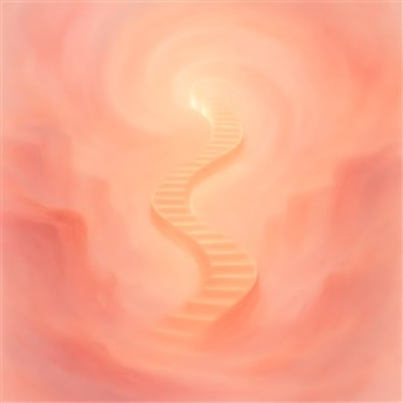 Drømmende Trappe i Rosa Tåge - Oplev det surrealistiske univers med denne betagende træppegård, der snoer sig op gennem en blød, rosa tåge. Et perfekt kunstværk til at skabe en drømmende atmosfære i dit hjem.