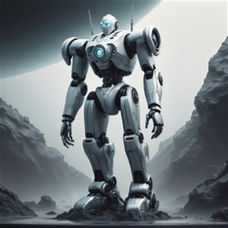 Robot i Månen: En Sci-Fi Udforskning - Oplev det futuristiske møde mellem teknologi og natur med denne imponerende robot, der majestætisk står på en dramatisk måneoverflade. Den perfekte kontrast mellem det mekaniske og det uendelige univers skaber en betagende stemning i ethvert rum.