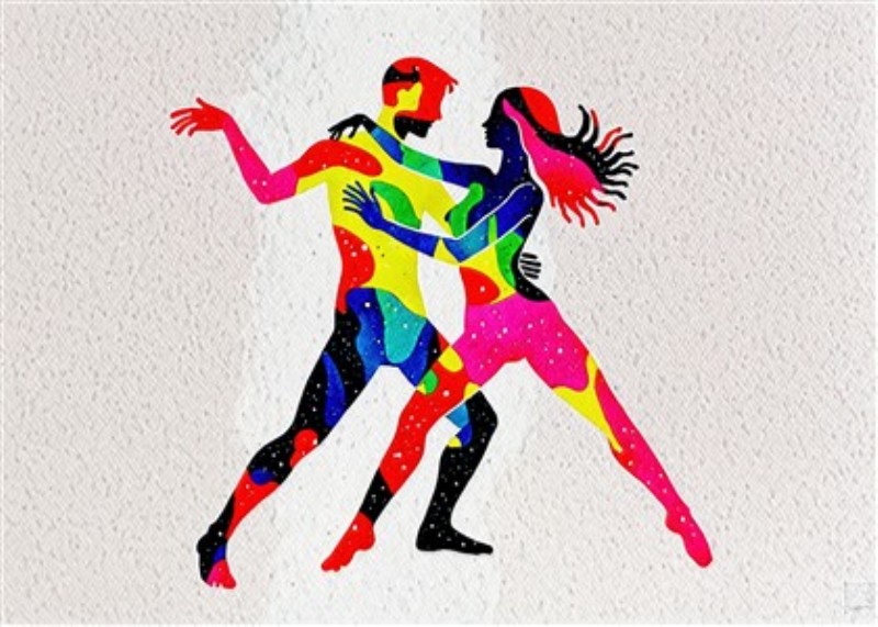 Livfuld Dans i Farver - Oplev den dynamiske energi af et dansende par i denne farverige abstrakte kunst. Billedet bringer liv og glæde ind i ethvert rum med sine strålende nuancer og livlige former.