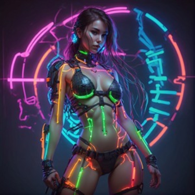Neon Kriger i Futuristisk Univers - Oplev den intense skønhed af en cyborg-lignende kriger med lysende neon-detaljer. Dette kunstværk bringer en futuristisk atmosfære ind i dit rum, perfekt til den moderne indretning.