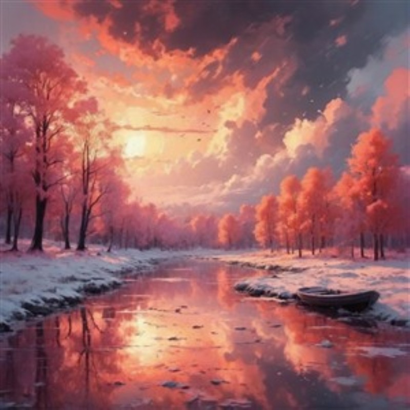 Drømmeagtigt Vinterlandskab med Solnedgang - Oplev skønheden i dette drømmeagtige vinterlandskab, hvor rosa træer spejler sig i en stille flod. Perfekt til at bringe ro og magi ind i dit hjem.