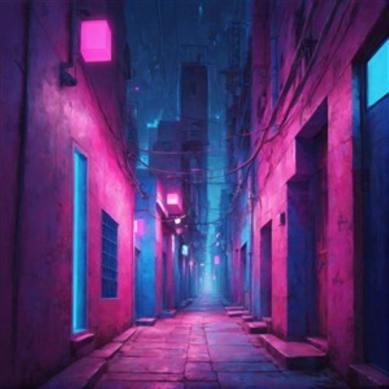 Neon Gyde i Nattens Lys - Oplev den futuristiske atmosfære i denne neonbelyste gyde, hvor skygger og farver skaber en magisk stemning. Perfekt til at tilføje et moderne touch til dit hjem.