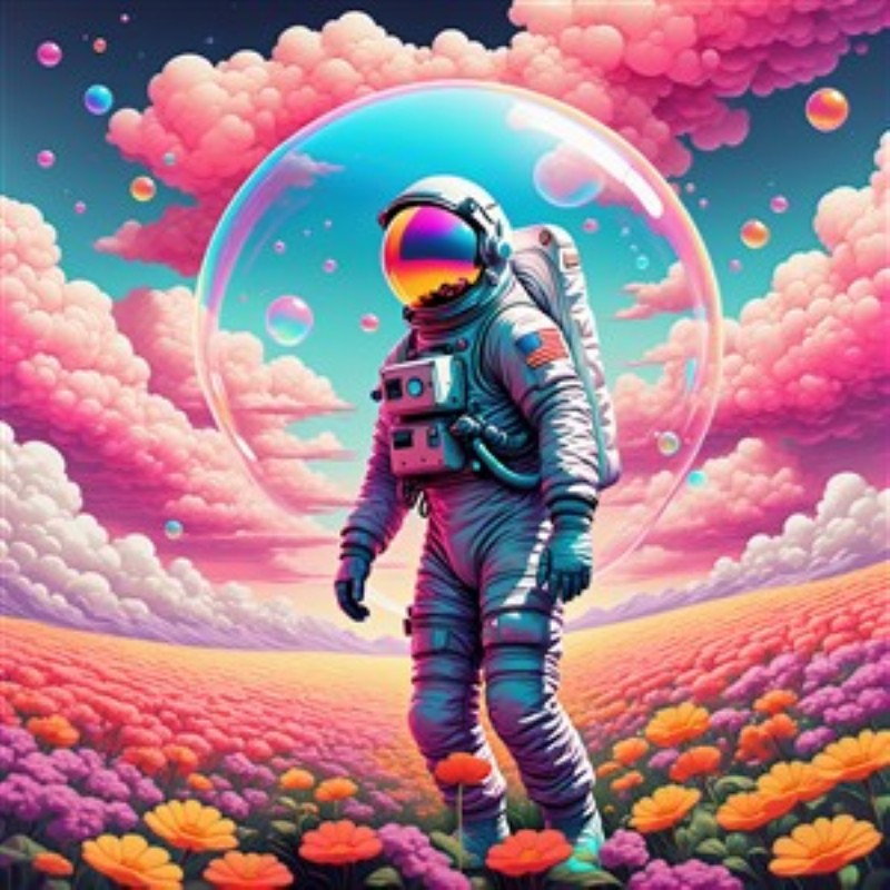 Astronaut i et Farverigt Drømmelandskab - Oplev den magiske rejse gennem et drømmende univers, hvor en astronaut går på opdagelse blandt farverige blomster og svævende bobler. Denne inspirerende illustration bringer en fortryllende atmosfære til dit rum.