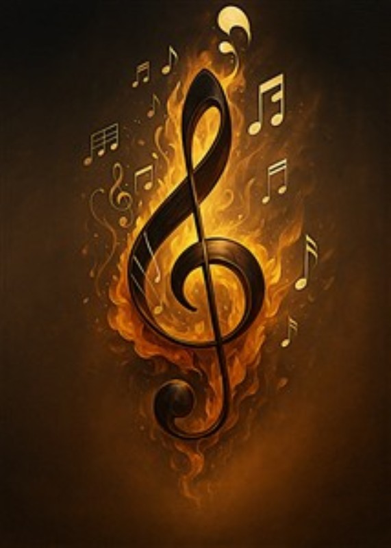 Melodisk Ildfølelse - Oplev den betagende symbiose af musik og flammer med denne kreative illustration. Den musikalske nøgle stråler med energi, mens noter danser omkring den, hvilket skaber en dynamisk atmosfære, der vil inspirere og motivere i dit rum.