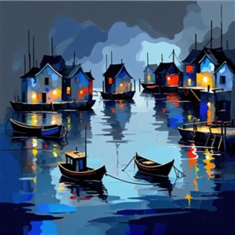 Livligt havnemiljø med spejlende farver - Oplev den magiske atmosfære af en livlig havn, hvor farverige huse og både skaber et harmonisk spejl i vandet. Denne farverige scene tilføjer liv og sjæl til dit hjem og fanger øjet i ethvert rum.