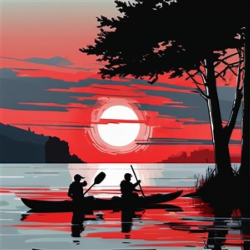 Dramatisk rød solnedgang med kajakroere - Oplev skønheden i en intens rød solnedgang, der kaster lys over en rolig sø, mens to kajakroere glider lydløst gennem vandet. Dette maleriske motiv bringer naturens magi ind i dit hjem.