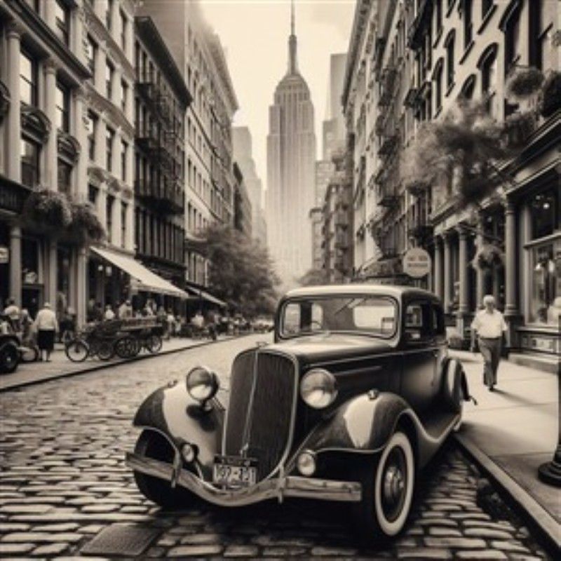 Vintage Bil i Byens Historie - Oplev nostalgien med dette fabelagtige sort-hvide billede af en vintage bil, der elegant parkerer på en brostensbelagt gade med den ikoniske Empire State Building i baggrunden. Perfekt til at tilføje et strejf af klassisk charme til dit hjem.