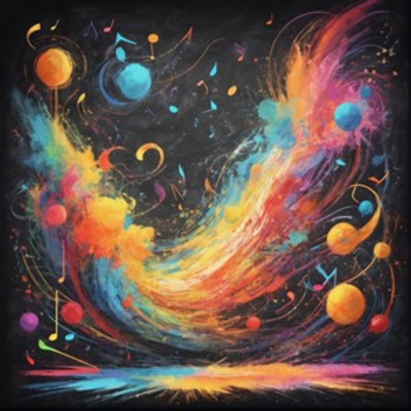 Musikalsk Univers af Farver - Oplev et magisk univers med denne livlige, abstrakte komposition, hvor farver og musiknoter danser sammen i en harmonisk galakse. Dette værk tilføjer en energisk og inspirerende stemning til ethvert rum.