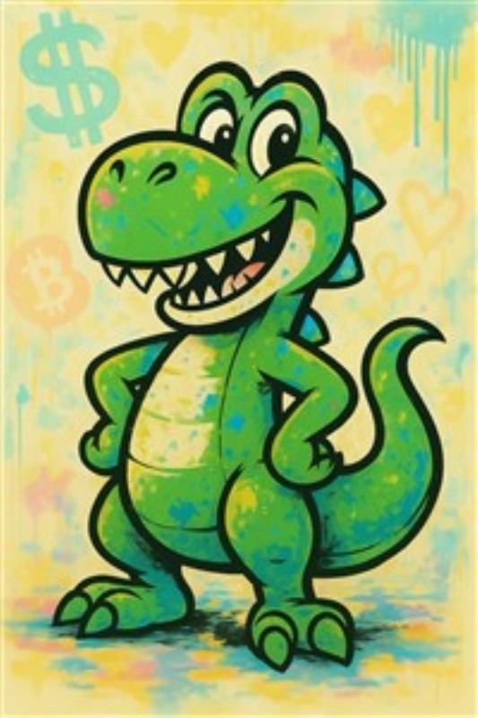 Glad Dinosaur med Farver og Livlig Baggrund - Oplev den glade dinosaur med sit brede smil, der bringer liv og farve ind i ethvert rum. Den sprudlende baggrund skaber en legende og livlig atmosfære, som er perfekt til både børn og barnlige sjæle.