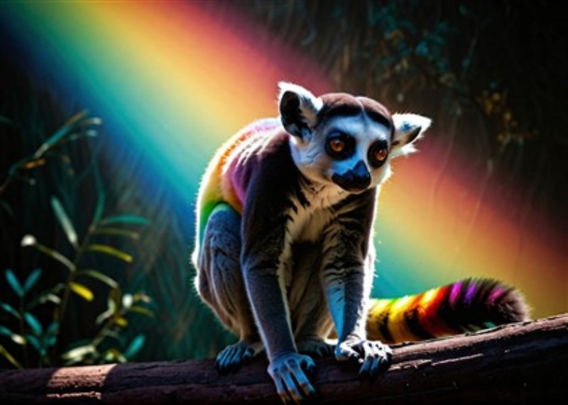 Lemur med Regnbue magi - Oplev den fantastiske skønhed af en lemur, der sidder på en gren omgivet af en strålende regnbue. Denne livlige illustration tilføjer en magisk atmosfære til hvilket som helst rum.