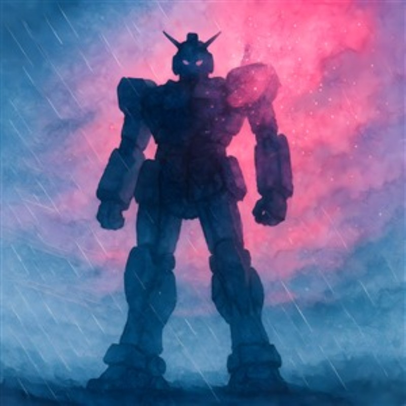 Robotpower i Regnvejr - Oplev en majestætisk robot, der står stolt under en farverig, dramatiske himmel. Denne plakat fanger essensen af styrke og mystik, og den vil helt sikkert tiltrække opmærksomhed i dit hjem.