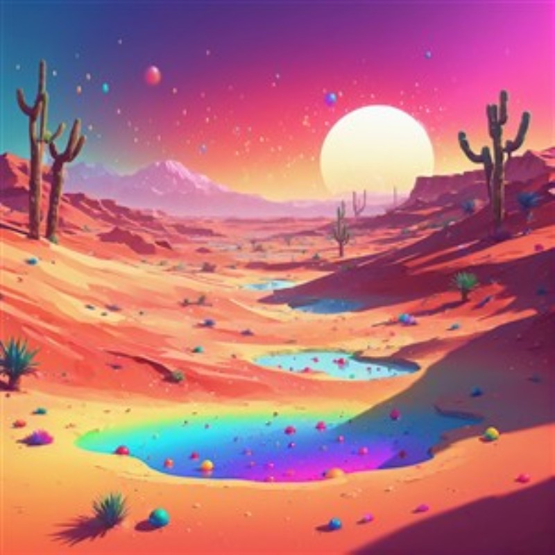 Surrealistisk ørken med vibrant solnedgang - Oplev en drømmeagtig ørken, hvor farverige kaktusser stråler under en glitrende sol. Denne illustration fanger den fantastiske skønhed i det surrealistiske landskab, perfekt til at tilføje liv og farve til dit rum.