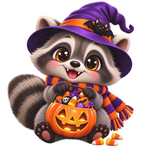 Sød vaskebjørn med græskar til Halloween