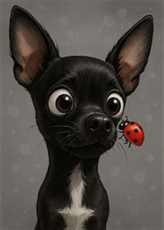Nysgerrig Chihuahua Møder Mariehønen - Oplev den søde charme ved denne nysgerrige Chihuahua, der betragter en livlig mariehøne. Dette billede bringer glæde og undren ind i ethvert rum, perfekt til både dyreelskere og børnefamilier.