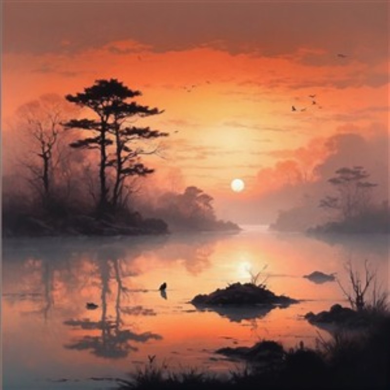 Morgensol over Stille Sø - Oplev skønheden i en fredfyldt solopgang, der spejler sig i en stille sø. Denne maleriske scene, omfavnet af naturens ro, bringer en følelse af velvære og harmoni ind i dit hjem.