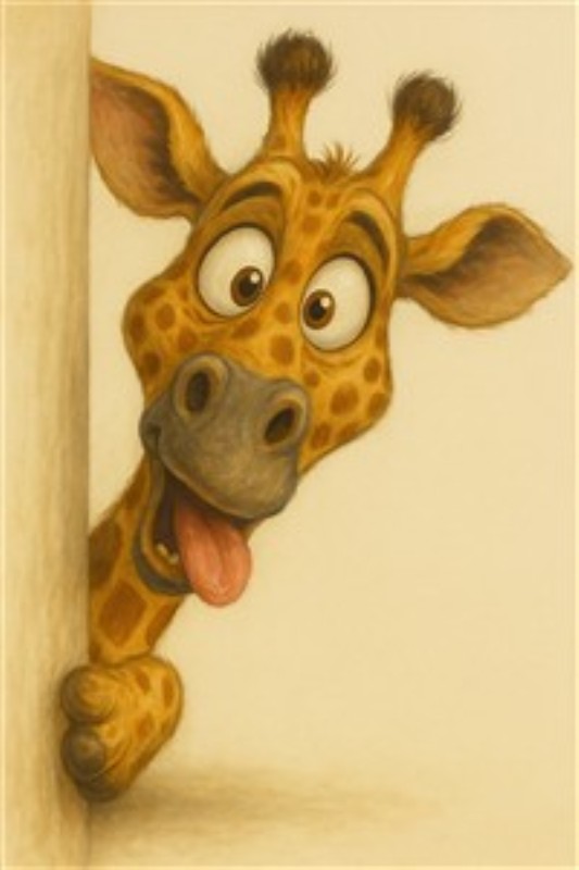 Glædelig Giraffe med Sundt Smil - Denne livlige giraffe bringer glæde til ethvert rum med sit skæve udtryk og farverige toner. Perfekt til børneværelset for at skabe en sjov og venlig atmosfære.