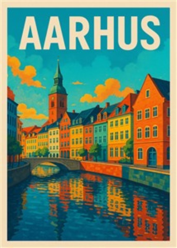Aarhus: Danmarks Farverige Perle - Oplev Aarhus' charme med dette livlige kunstværk, der fremhæver byens farverige bygninger og glitrende kanal. En perfekt tilføjelse til dit hjem, der bringer glæde og farve ind i din indretning.
