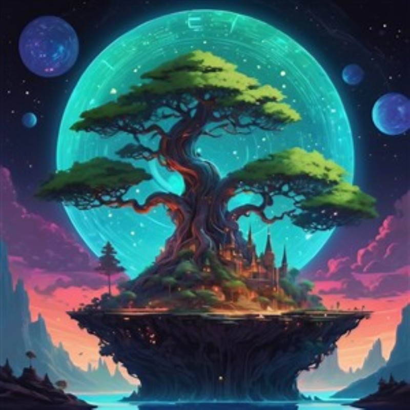 Fortryllende Verdens Træ - Oplev skønheden ved dette magiske træ, der bærer en by under dets grene, indhyllet i et betagende stjerneskud. Den lysende måne og farverige planeter skaber en drømmende atmosfære, der bringer liv til dit rum.