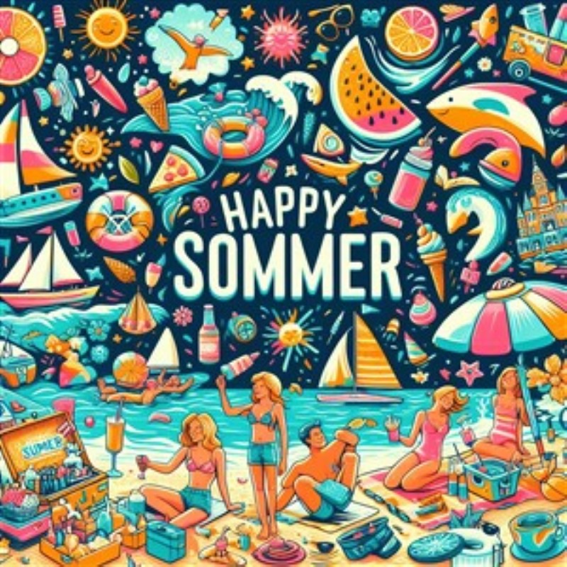 Farverig Strandfest: Sommerens Glæder - Oplev den livlige stemning af sommer ved stranden med denne sprudlende illustration. Vibe til solen, is og glade mennesker, der nyder hvert øjeblik af denne uforglemmelige fest.