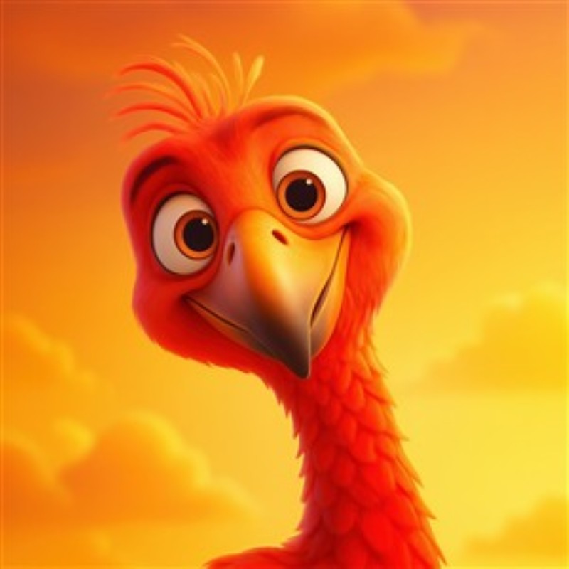 Glade Fugle i Solnedgang - Oplev den livlige energi fra denne farverige red-animationsfugl, der stråler af glæde mod en smuk solnedgang. Et perfekt indslag, der bringer varme og farve ind i dit hjem.