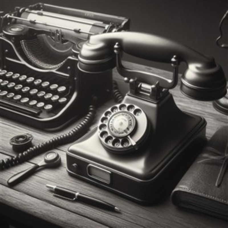 Tidløs Elegance: Vintage Skriveværktøjer - Oplev den nostalgiske skønhed i dette sort-hvide billede af en klassisk telefon og skrivemaskine, der skaber en elegant atmosfære på dit kontor eller hjemme. Perfekt til dem, der værdsætter retro charme og stil.