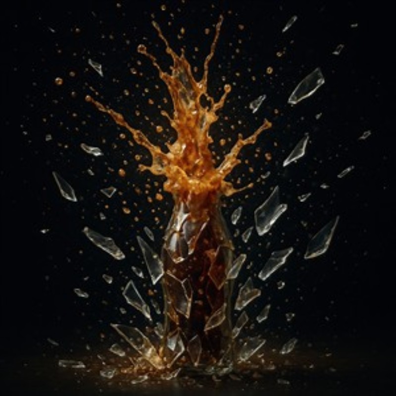 Eksplosiv Magi i Stuen - Oplev den dramatiske skønhed af en sprøjtende flaske i dette betagende kunstværk. Den kraftfulde komposition og de glitrende glasskår skaber en uimodståelig dynamik, der vil imponere i ethvert rum.
