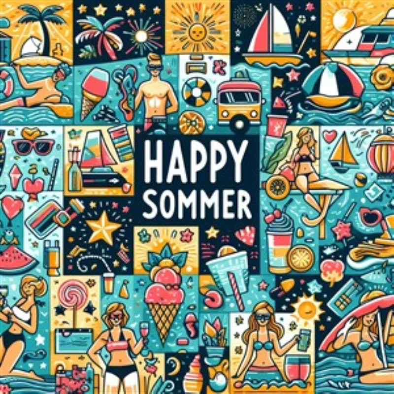 Sommerens Farver: Glæde og Fest - Oplev den livlige stemning af den perfekte sommer med dette farverige collage! Det sprudlende motiv vokser frem af strandaktiviteter, kolde is og solrige dage, hvilket bringer glæde til ethvert rum.