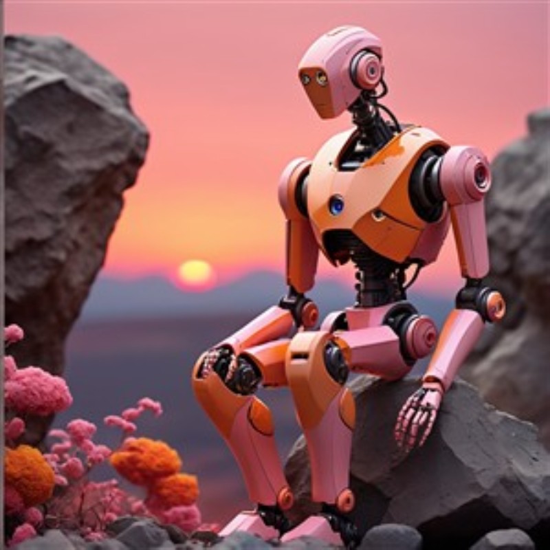 Reflekterende Robot i Solens Lys - Oplev en farverig robot, der stilfærdigt sidder blandt blomster, mens solen maler himlen i varme nuancer. Dette motiverer til eftertænksomhed og kreativitet i dit rum.