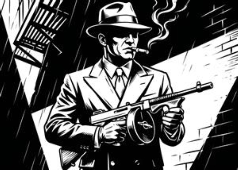 Gangster med stil: Vintage noir illustration - Oplev den intense atmosfære fra en noir-verden med vores illustration af en charmerende gangster iført fedora og jakkesæt. Med en kraftfuld pistol og en cigar i hånden fanger dette værk essensen af en svensk film noir, perfekt til ethvert rum, der ønsker et strejf af mystik.